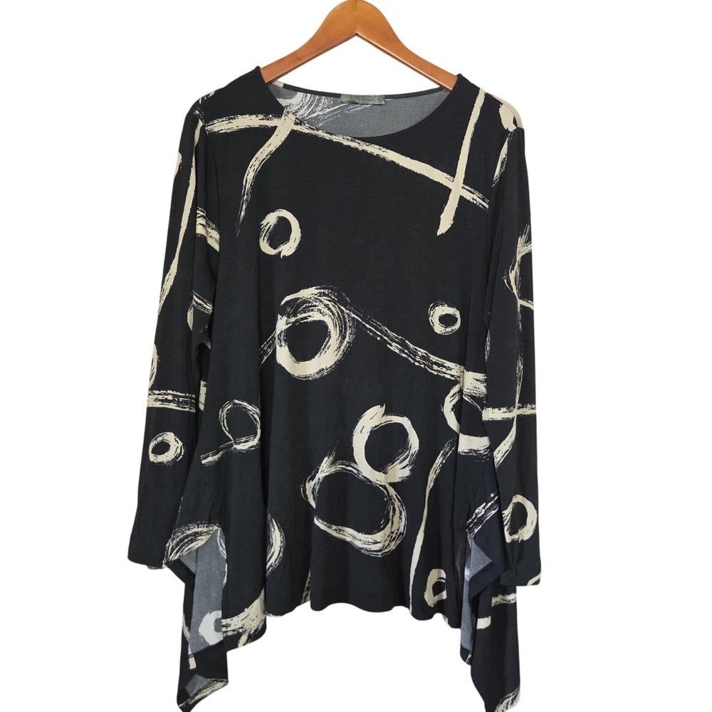 Chalet Et Ceci Blouse Womens XL Black Scoop Neck Long Sleeve Abstract Tunic Top